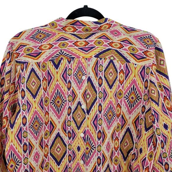 Chico's Top Blouse NO-IRON Ikat Linen Button-Back Shirt Size 2 Pink Southwestern - Picture 9 of 11
